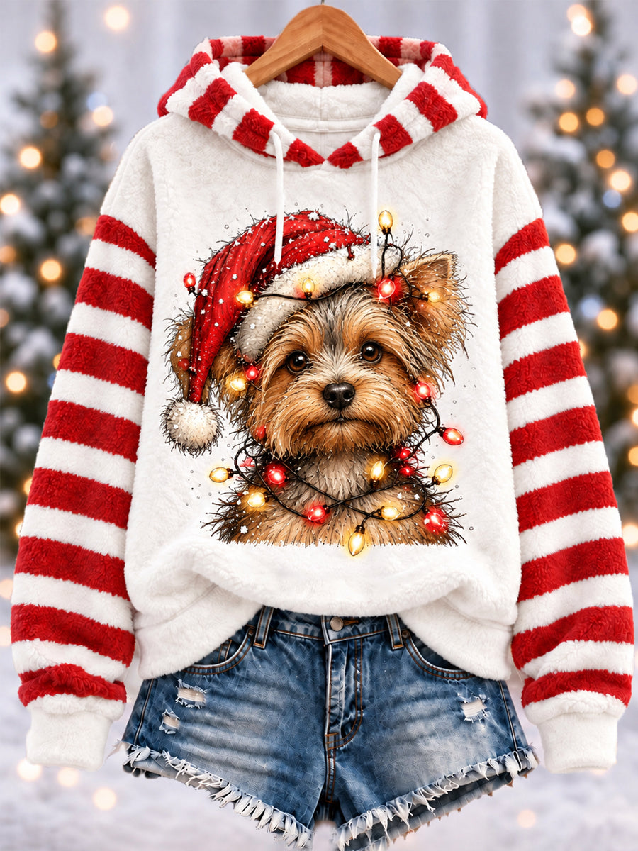 Women's Cute Christmas Yorkshire Terrier Print Casual Flannel Hoodie