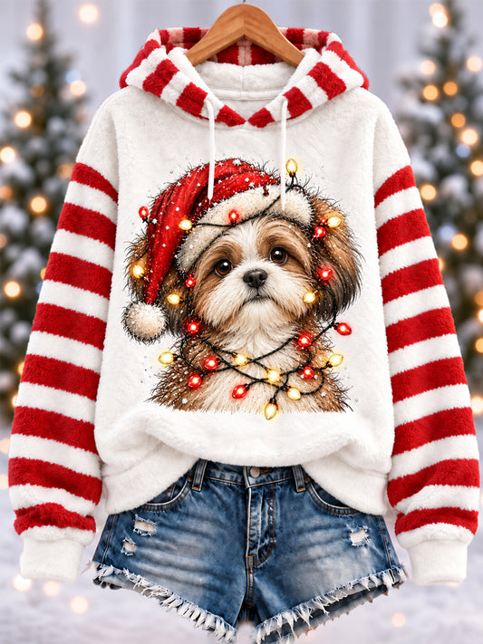 Women's Cute Christmas  Shih Tzu Print Casual Flannel Hoodie