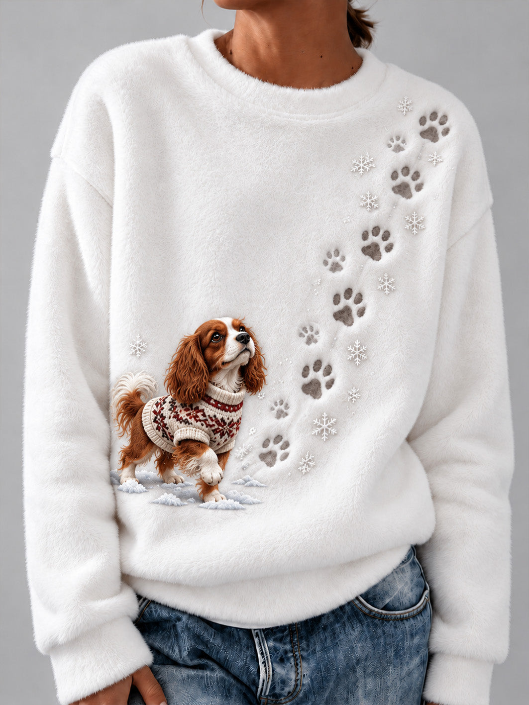 Women's Winter Snowy Cavalier King Charles Spaniel Pattern Casual Flannel Sweatshirt