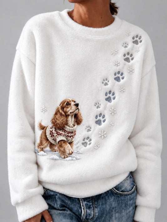 Women's Winter Snowy Cocker Spaniel Pattern Casual Flannel Sweatshirt