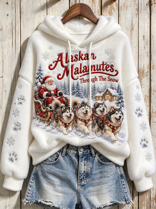 Women's Alaskan Malamutes Through the Snow Christmas Santa Claus & Dogs Print Flannel Hoodie
