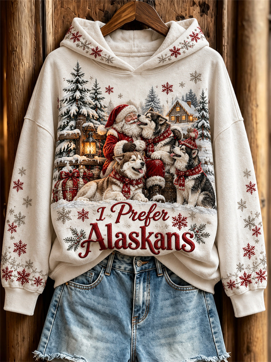 Women's I Prefer Alaskans Snowy Christmas Santa Claus & Dogs Print Hoodie