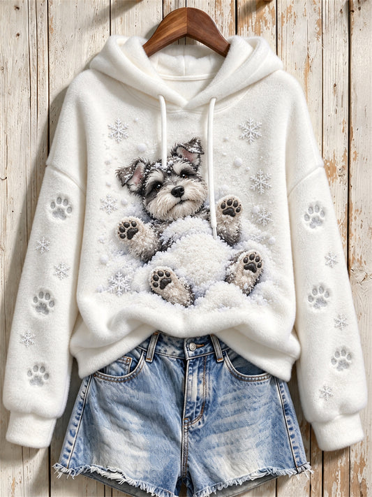 Women's Schnauzer Dog in the Snow Paw Prints & Snowflakes Print Flannel Hoodie