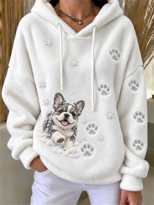 Women's French Bulldog Walking in the Snow Paw Prints & Snowflakes Print Flannel Hoodie
