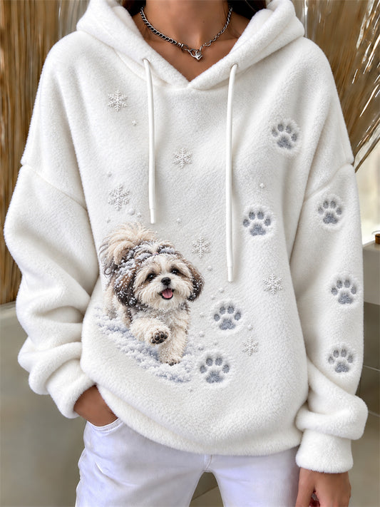 Women's Shih Tzu Dog Walking in the Snow Paw Prints & Snowflakes Print Flannel Hoodie