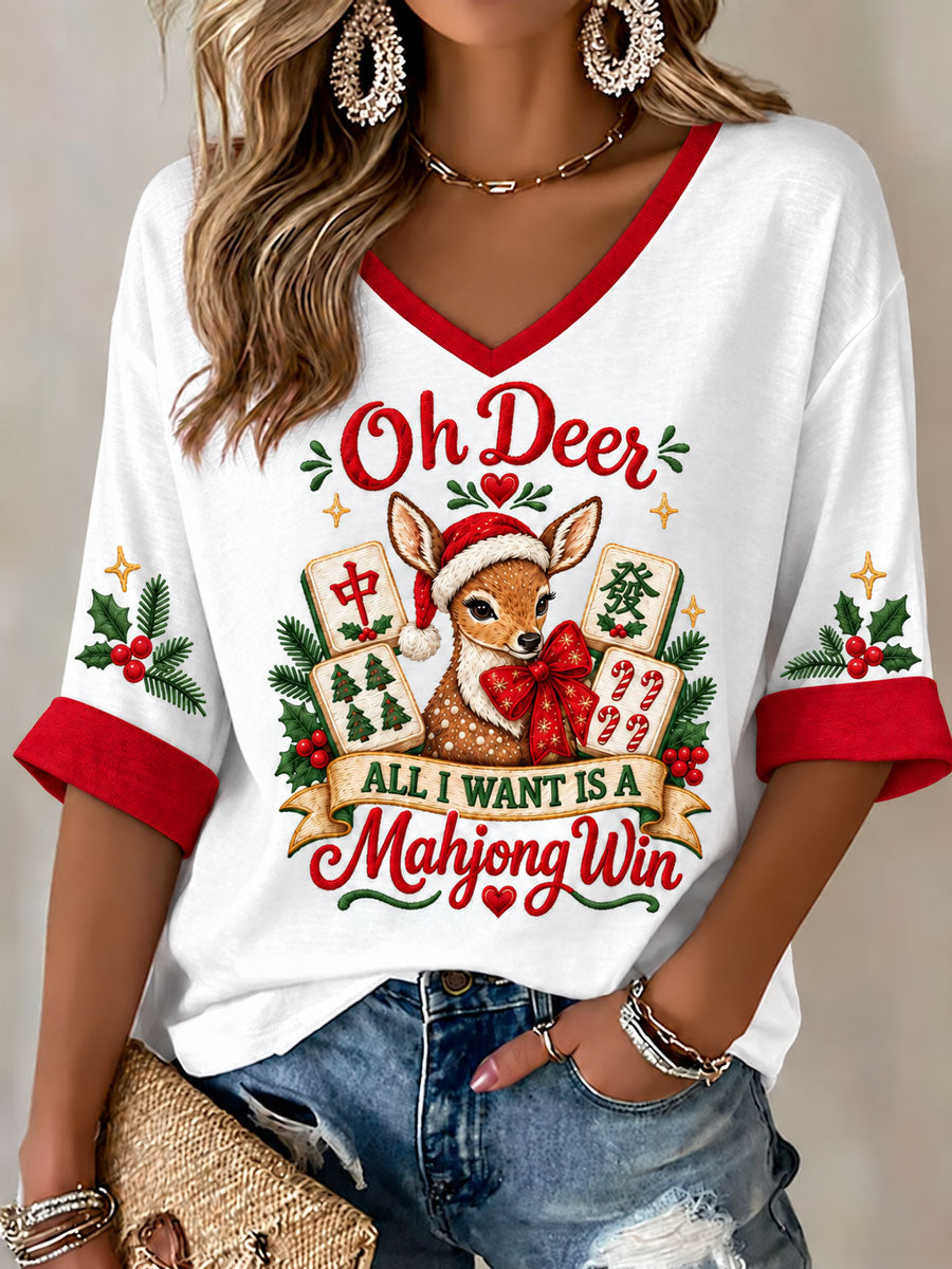 Women's Christmas Mahjong Print Casual T-Shirt