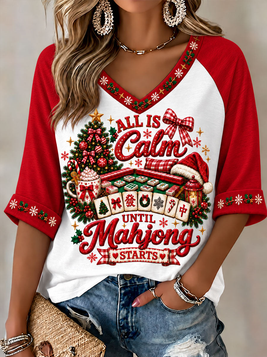 Women's Christmas Mahjong Print Casual T-Shirt