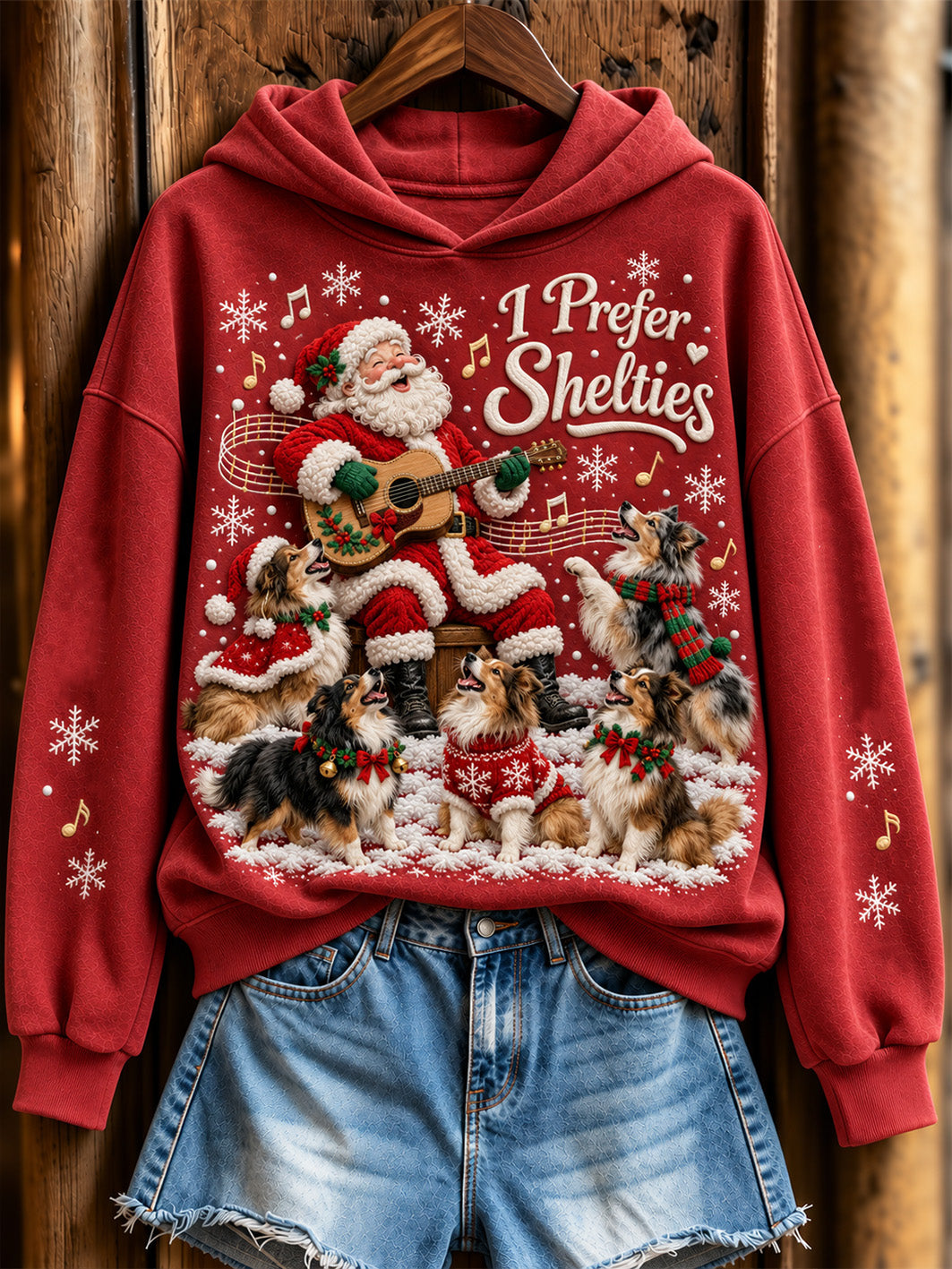 Women's Christmas Music Theme Santa Claus And Shelties Pattern Causal Hoodie