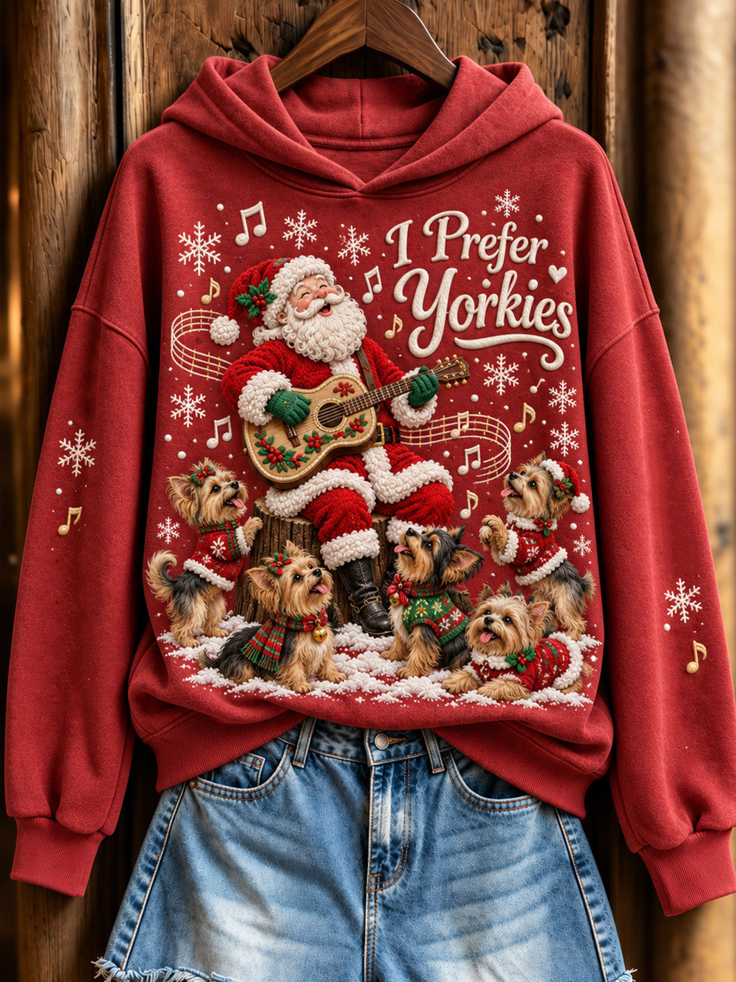 Women's Christmas Music Theme Santa Claus And Yorkies Pattern Causal Hoodie