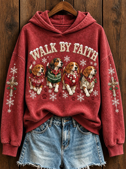 Women's Walk By Faith Christmas Walking Beagle Dogs & Cross Print Hoodie