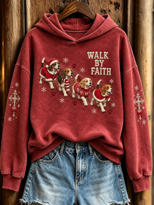 Women's Walk By Faith Christmas Walking Beagle Dogs & Cross Print Hoodie