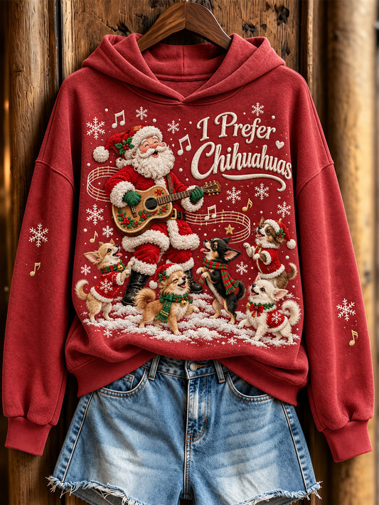 Women's Christmas Music Theme Santa Claus And Chihuahuas Pattern Causal Hoodie