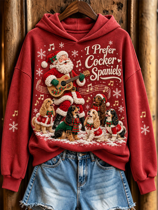 Women's Christmas Music Theme Santa Claus And Cocker Spaniels Pattern Causal Hoodie
