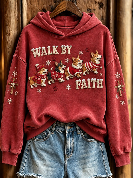 Women's Walk By Faith Christmas Walking Corgi Dogs & Cross Print Hoodie
