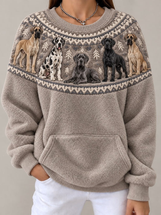 Women's Vintage Great Dane Dogs Yoke Isle Pattern Print Cozy Flannel Sweatshirt