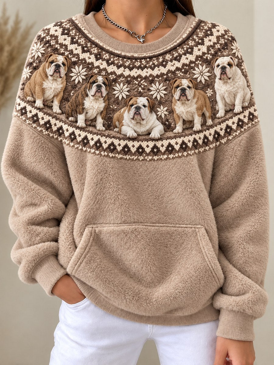 Women's Vintage Bulldogs Yoke Isle Pattern Print Cozy Flannel Sweatshirt