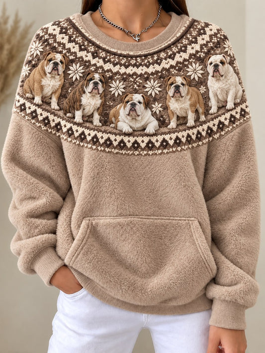 Women's Vintage Bulldogs Yoke Isle Pattern Print Cozy Flannel Sweatshirt