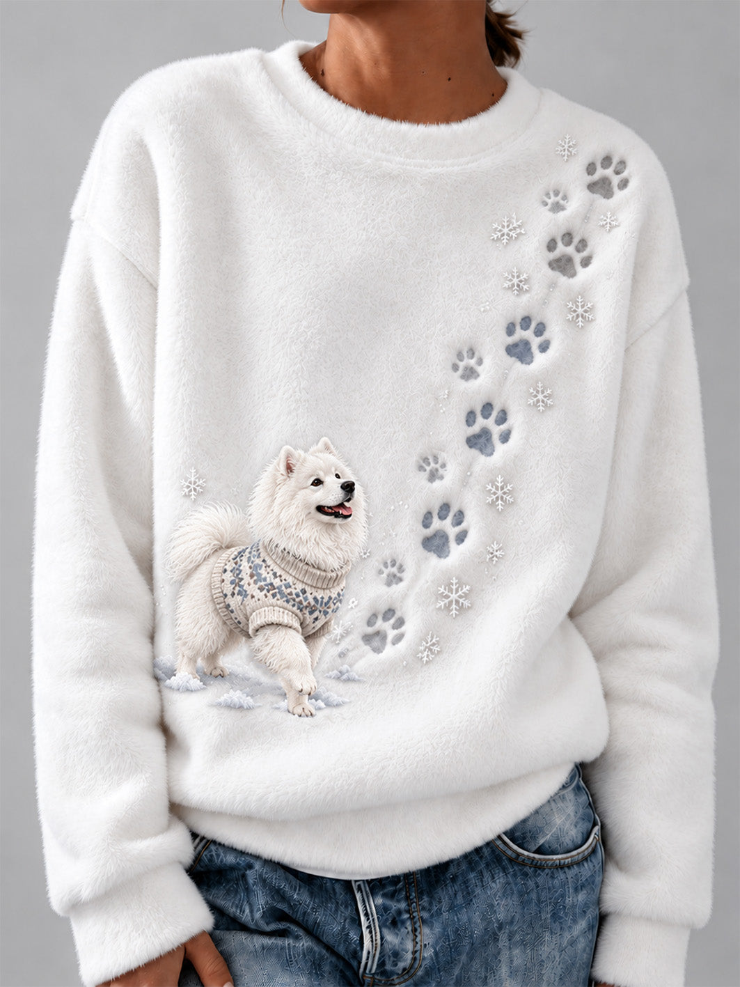 Women's Winter Samoyed Pattern Causal Flannel Sweatshirt