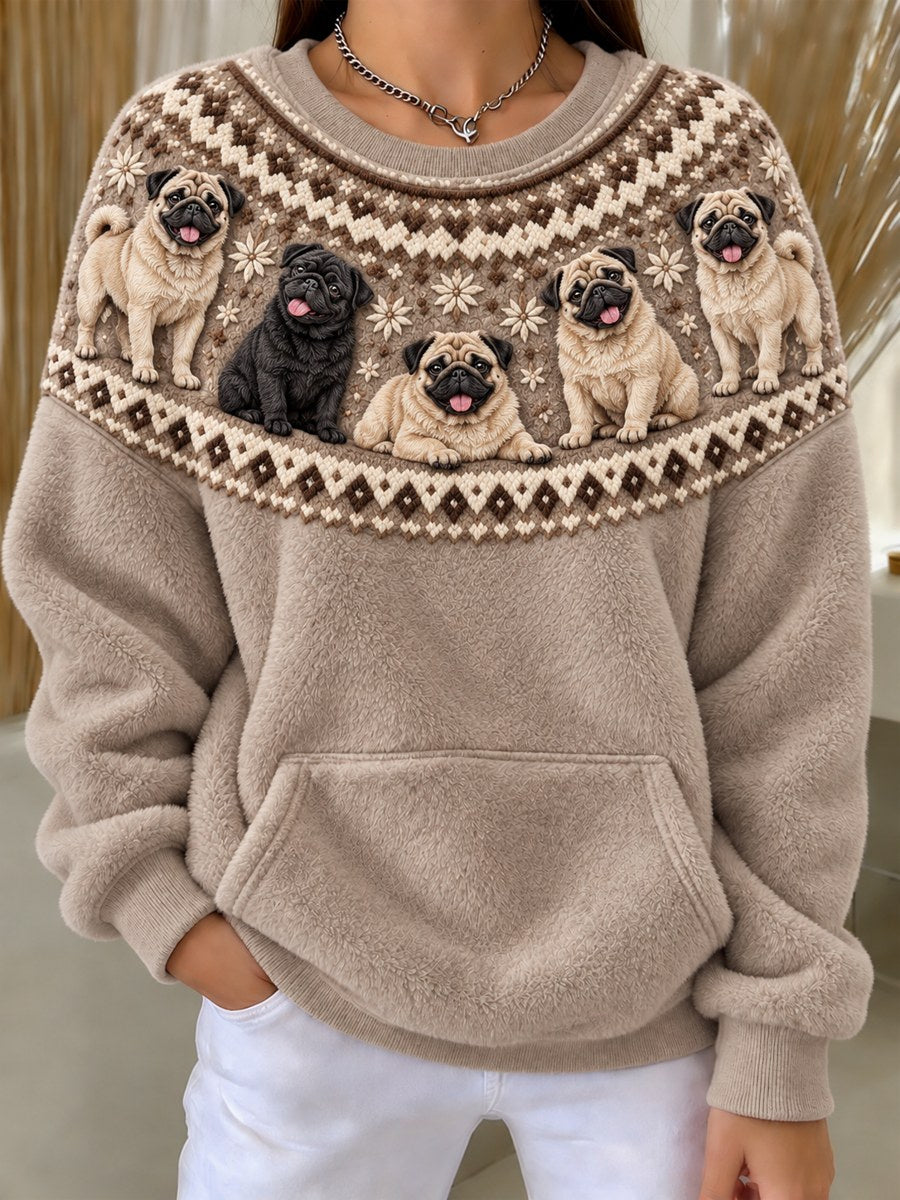 Women's Vintage Pug Dogs Yoke Isle Pattern Print Cozy Flannel Sweatshirt