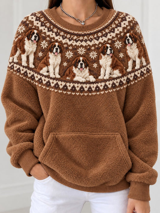 Women's Vintage Saint Bernard Dogs Yoke Isle Pattern Print Cozy Flannel Sweatshirt