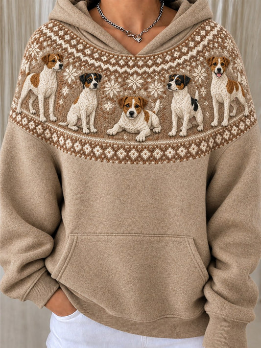 Women's Vintage Jack Russell Dogs Yoke Isle Pattern Print Hoodie