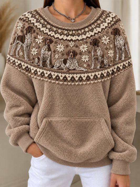 Women's Vintage German Shorthaired Pointer Dogs Yoke Isle Pattern Print Cozy Flannel Sweatshirt
