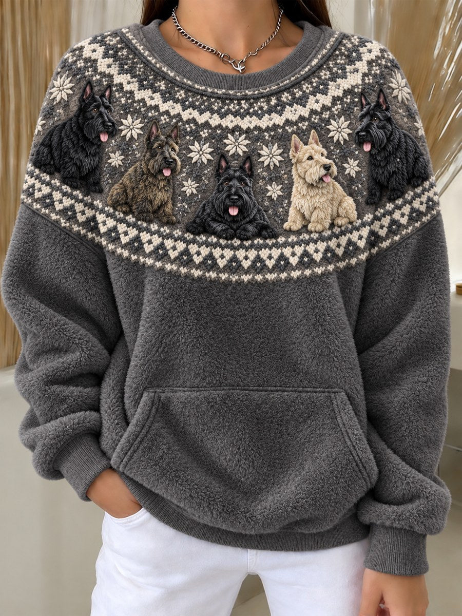 Women's Vintage Scottish Terrier Dogs Yoke Isle Pattern Print Cozy Flannel Sweatshirt