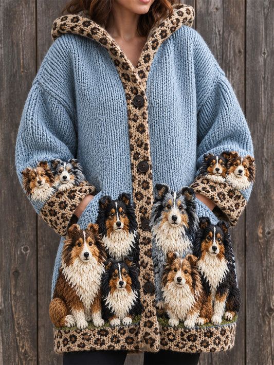 Women's Shetland Sheepdogs Pattern Causal Composite Fleece Long Coat