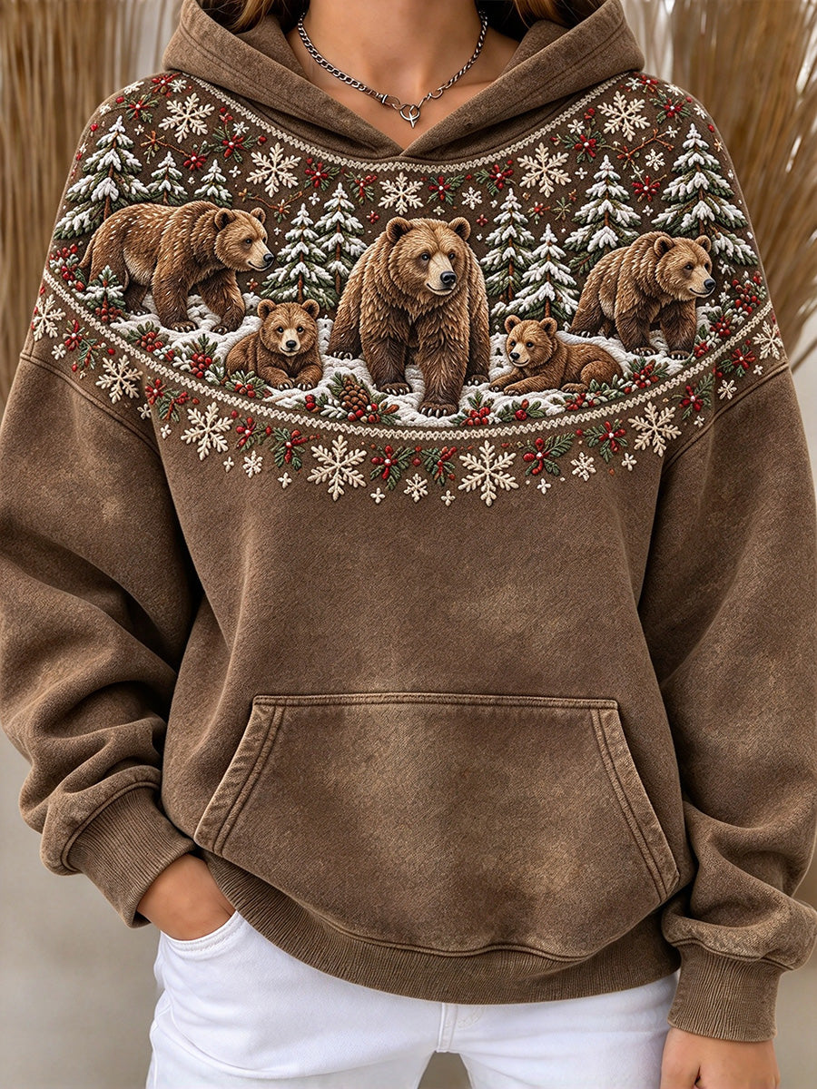 Women's Winter Brown Bear Isle Pattern Print Comfy Hoodie