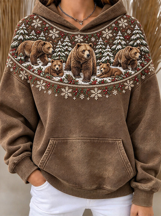 Women's Winter Brown Bear Isle Pattern Print Comfy Hoodie
