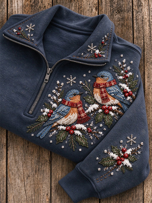 Women's Snowy Winter Bluebird On Branch Print Zip Up Sweatshirt