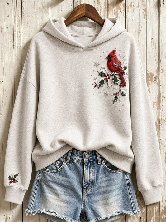 Women's Snowy Winter Red Cardinal On Branch Print Hoodie