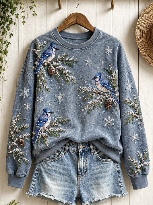 Women's Snowy Winter Blue Jay Birds on Branches Print Sweatshirt