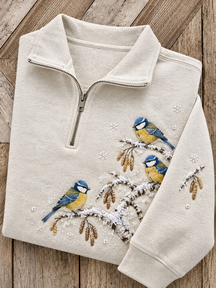 Women's Snowy Winter Blue Tit Birds on Branches Print Zip Up Sweatshirt