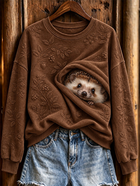 Women's Cute Peeking Hedgehog Wild Berry Embossed Pattern Print Sweatshirt