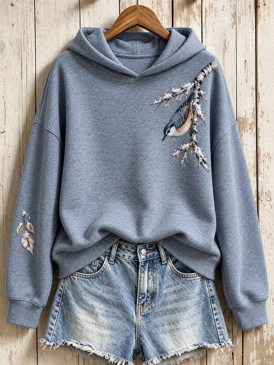 Women's Snowy Winter Red-breasted Nuthatch On Branch Print Hoodie