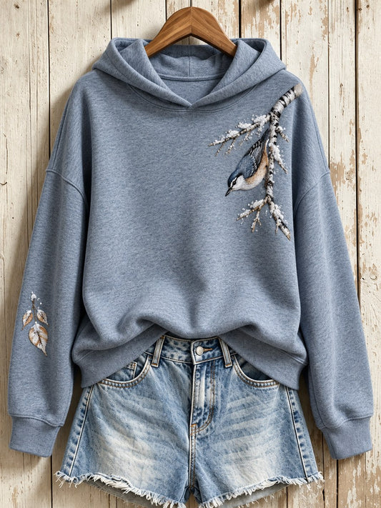 Women's Snowy Winter Red-breasted Nuthatch On Branch Print Hoodie