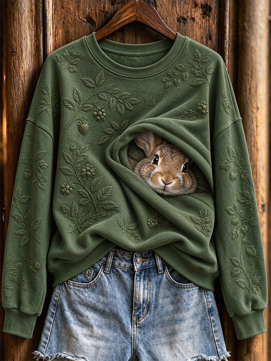 Women's Cute Peeking Bunny Wild Berry Embossed Pattern Print Sweatshirt