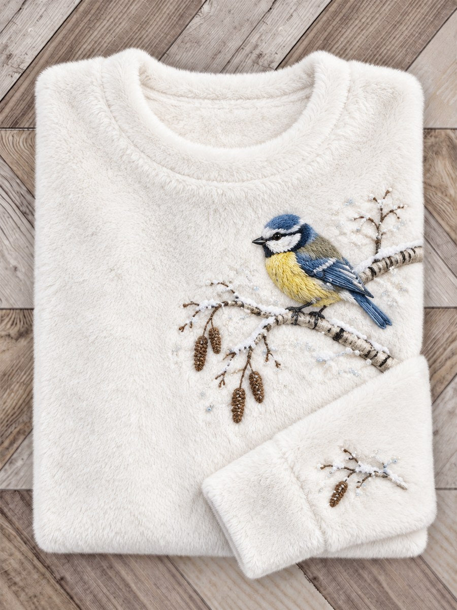 Women's Snowy Winter Blue Tit On Branch Print Flannel Sweatshirt
