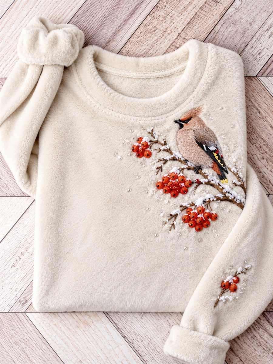 Women's Snowy Winter Bohemian Waxwing On Branch Print Flannel Sweatshirt
