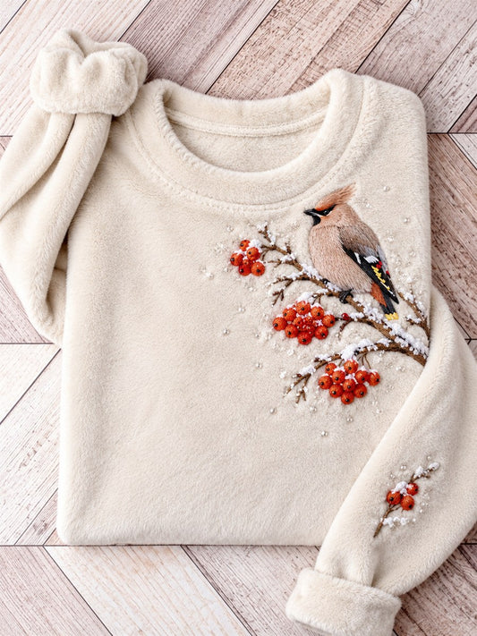 Women's Snowy Winter Bohemian Waxwing On Branch Print Flannel Sweatshirt