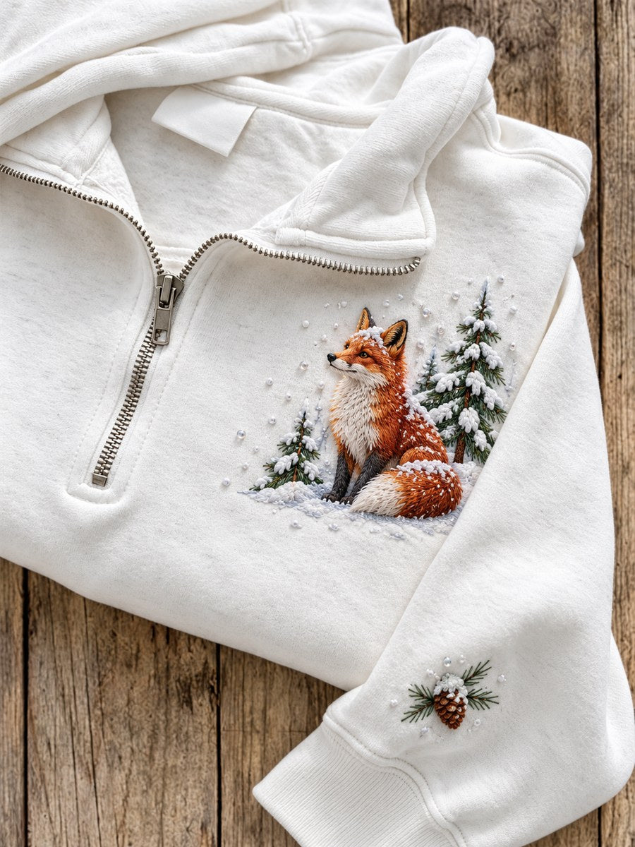 Women's Snowy Winter Forest Fox Print Zip Up Sweatshirt