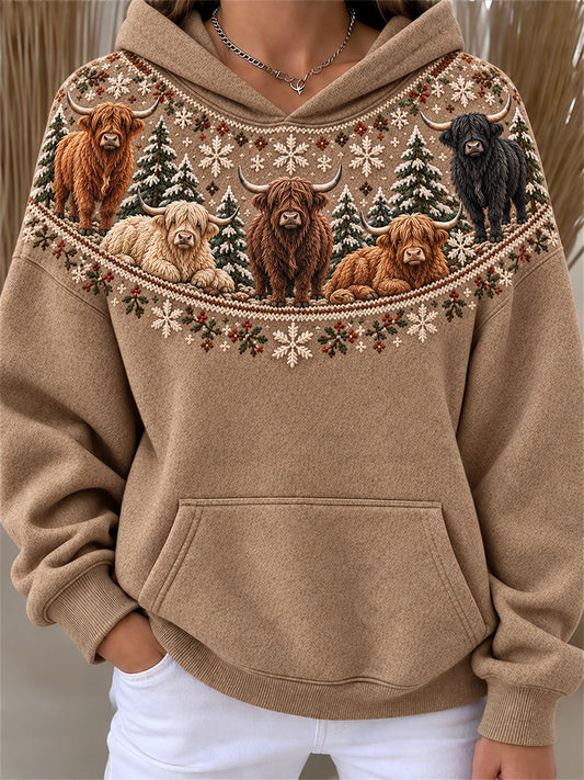 Women's Winter Highland Cow Isle Pattern Print Comfy Hoodie