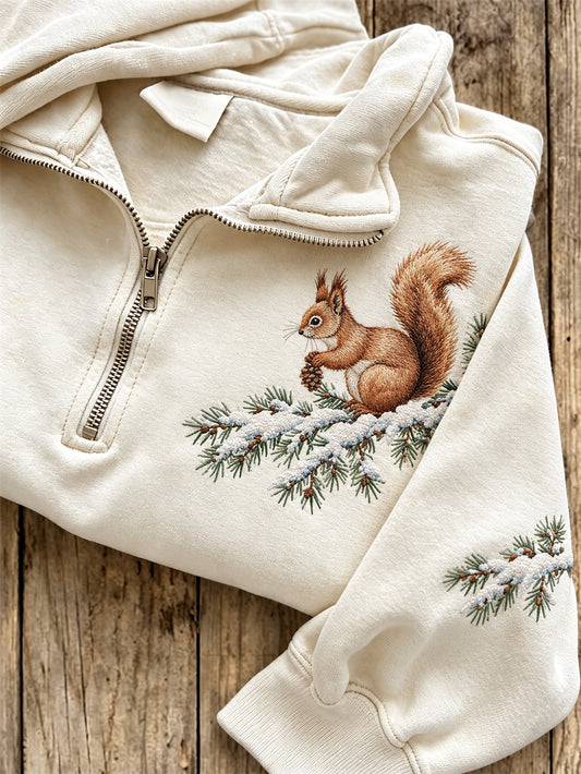 Women's Winter Squirrel Pattern Casual Half-Zip Sweatshirt