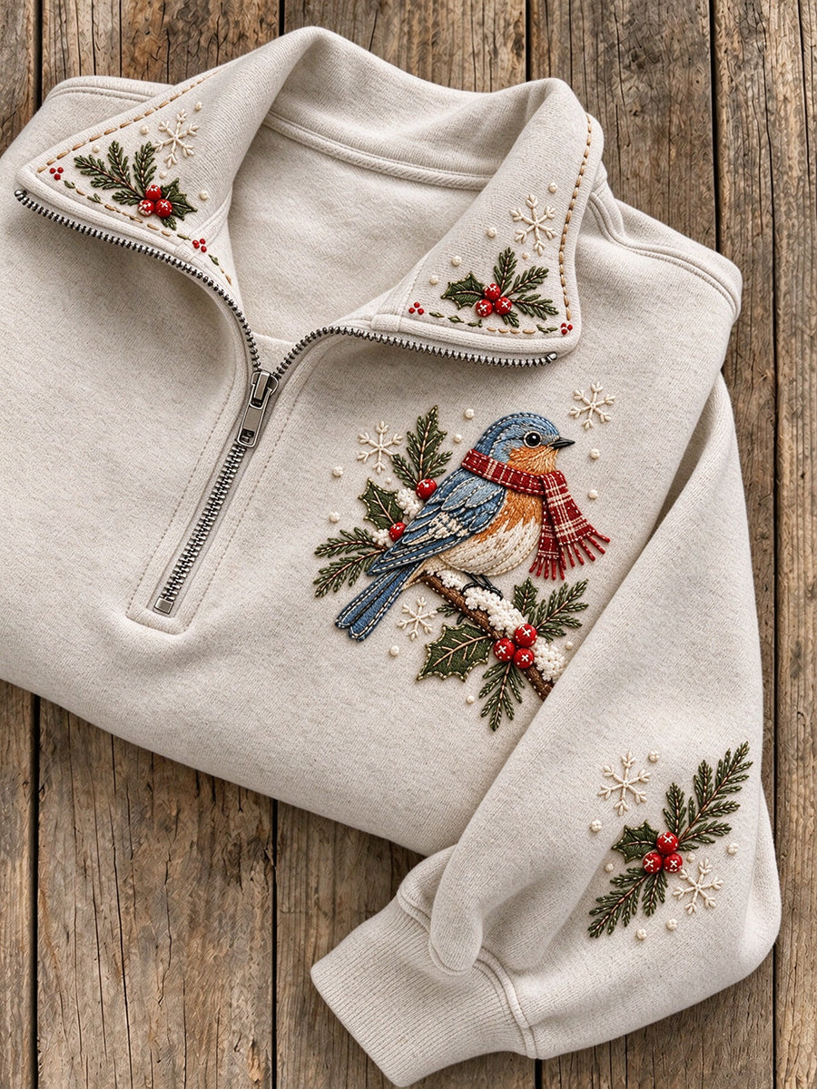 Women's Snowy Winter Stitchy Bluebird On Branch Print Zip Up Sweatshirt