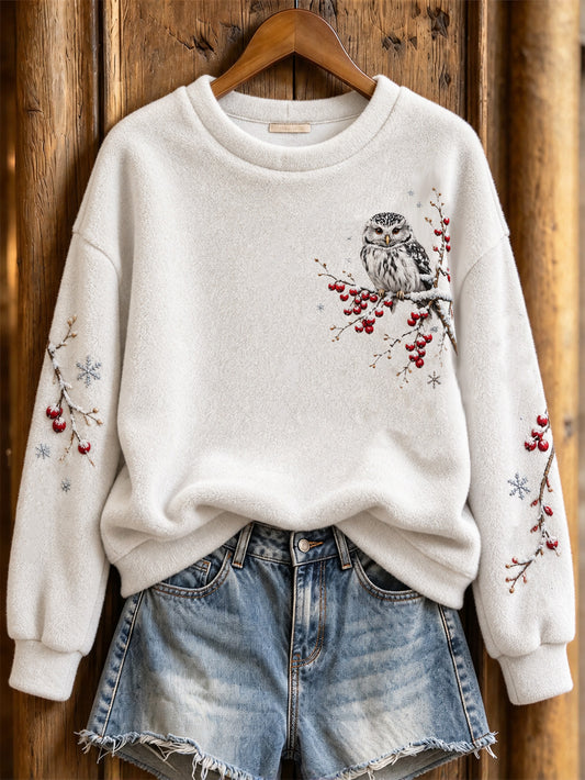 Women's Winter Owl Pattern Casual Flannel Sweatshirt