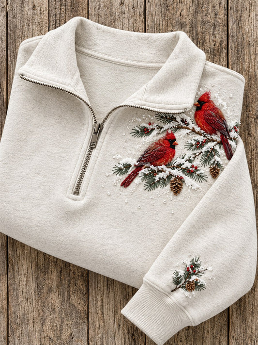 Women's Snowy Winter Red Cardinals On Branch Print Zip Up Sweatshirt