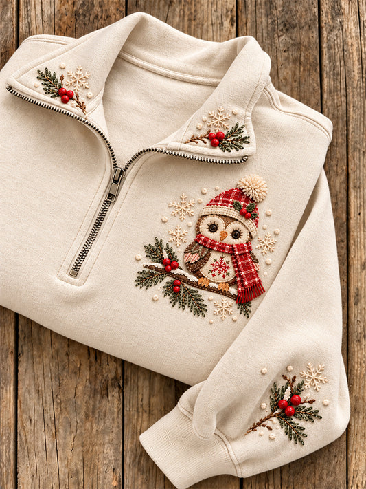 Women's Snowy Winter Stitchy Owl On Branch Print Zip Up Sweatshirt