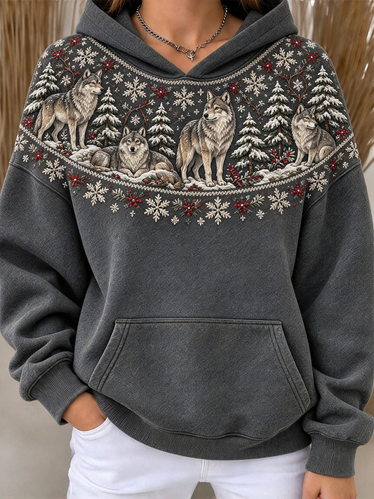 Women's Winter Wolf Isle Pattern Print Comfy Hoodie