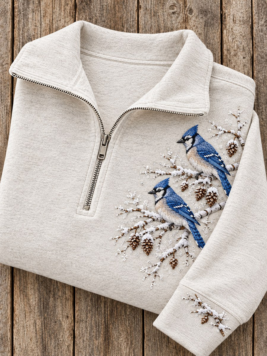 Women's Snowy Winter Blue Jay On Branch Print Zip Up Sweatshirt